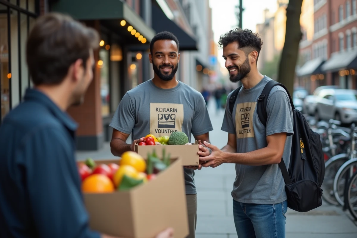 Deux bénévoles distribuant des colis alimentaires dans la rue pour soutenir une initiative de solidarité et de justice sociale
