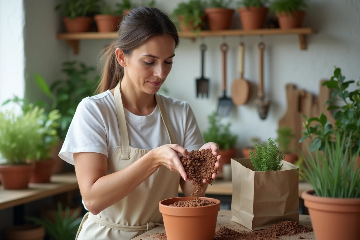 Femme versant des billes d'argile sur la surface d'un pot de plante dans un atelier de jardinage
