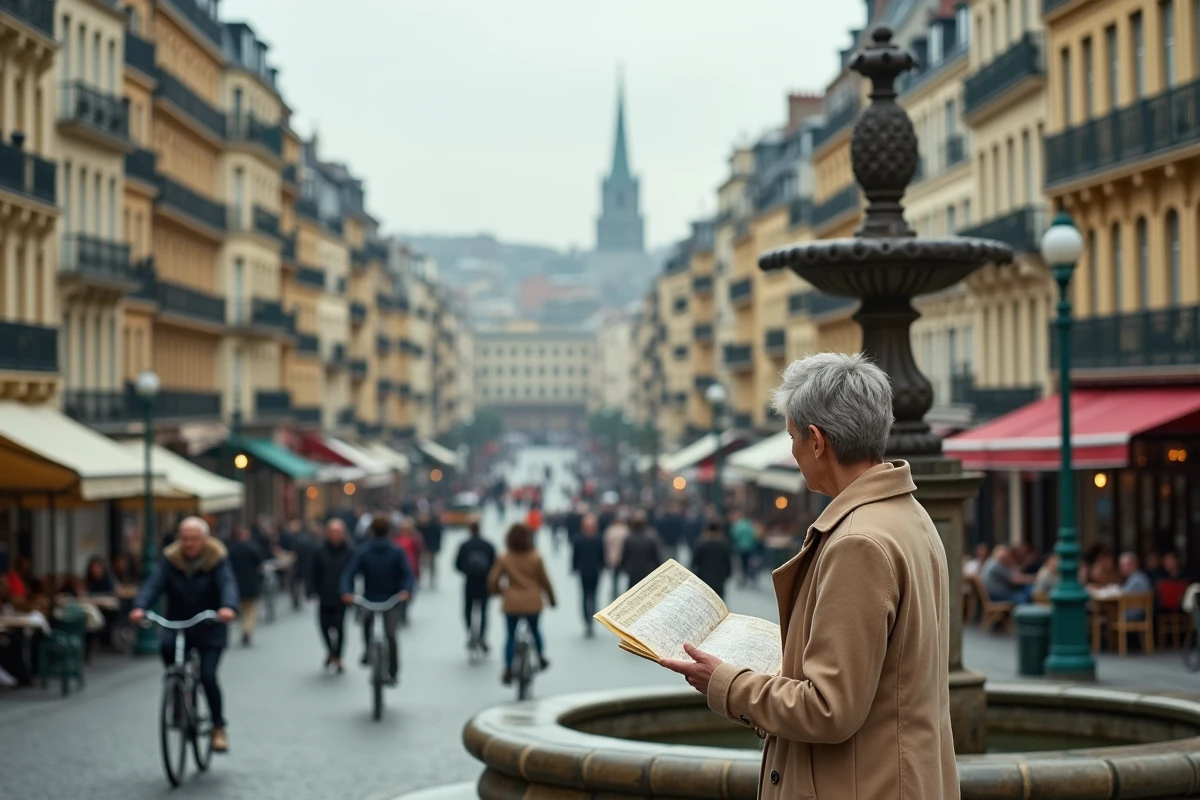 Boulevard piéton animé dans une grande aire urbaine classée, avec façades haussmanniennes et fontaine historique