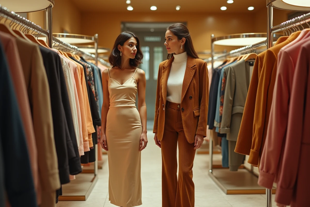 Deux femmes parcourant des portants de vêtements dans une boutique de mode vintage des années 1995 portant une robe nuisette satinée et un blazer en velours côtelé caramel
