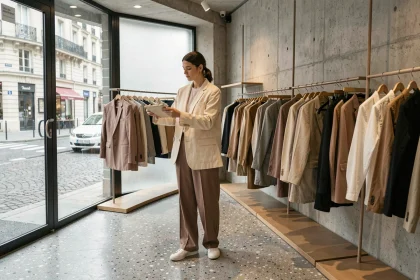Jeune personne androgyne parcourant des vêtements unisexes dans une boutique parisienne au style minimaliste avec sol en terrazzo et murs en béton brut