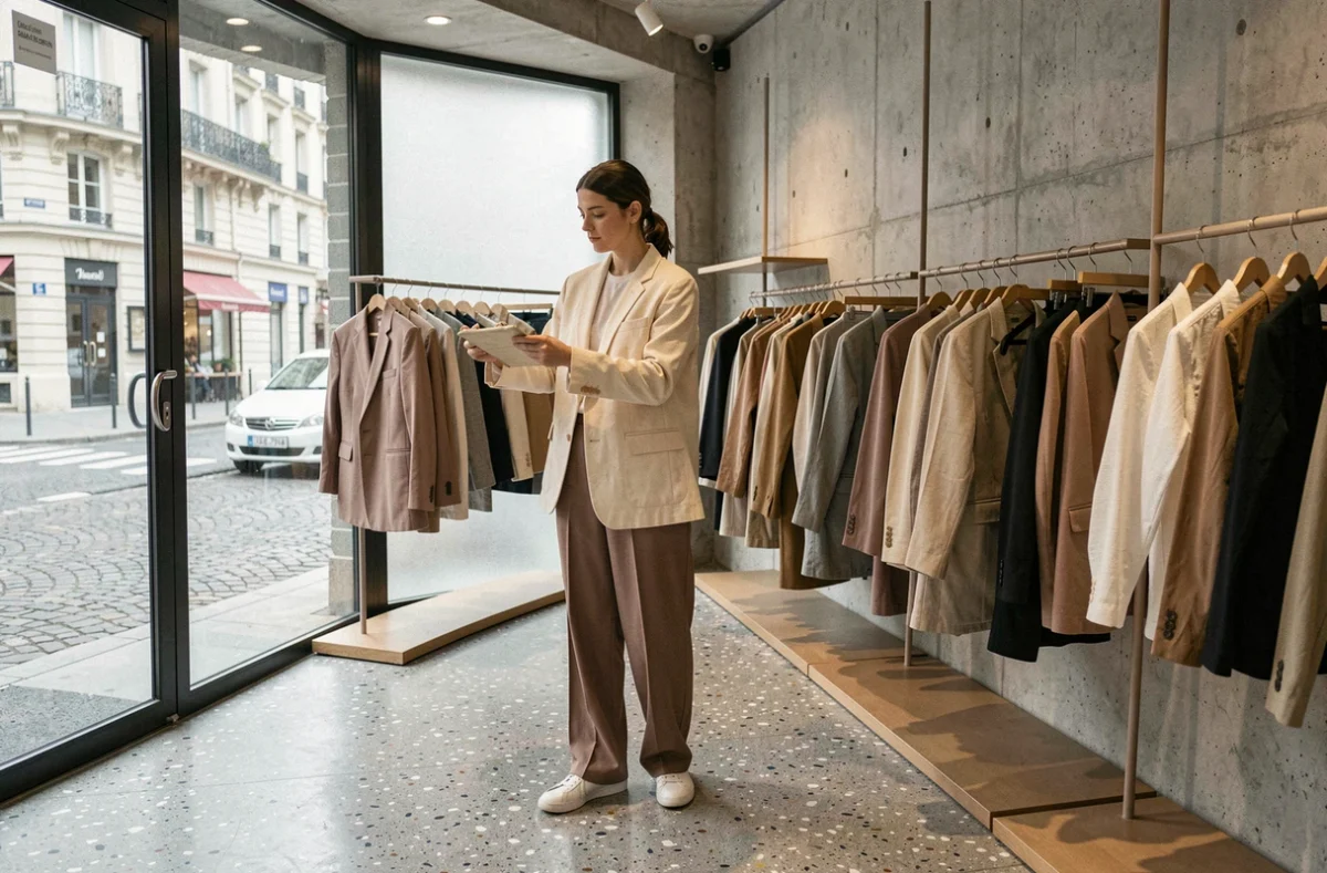 Jeune personne androgyne parcourant des vêtements unisexes dans une boutique parisienne au style minimaliste avec sol en terrazzo et murs en béton brut