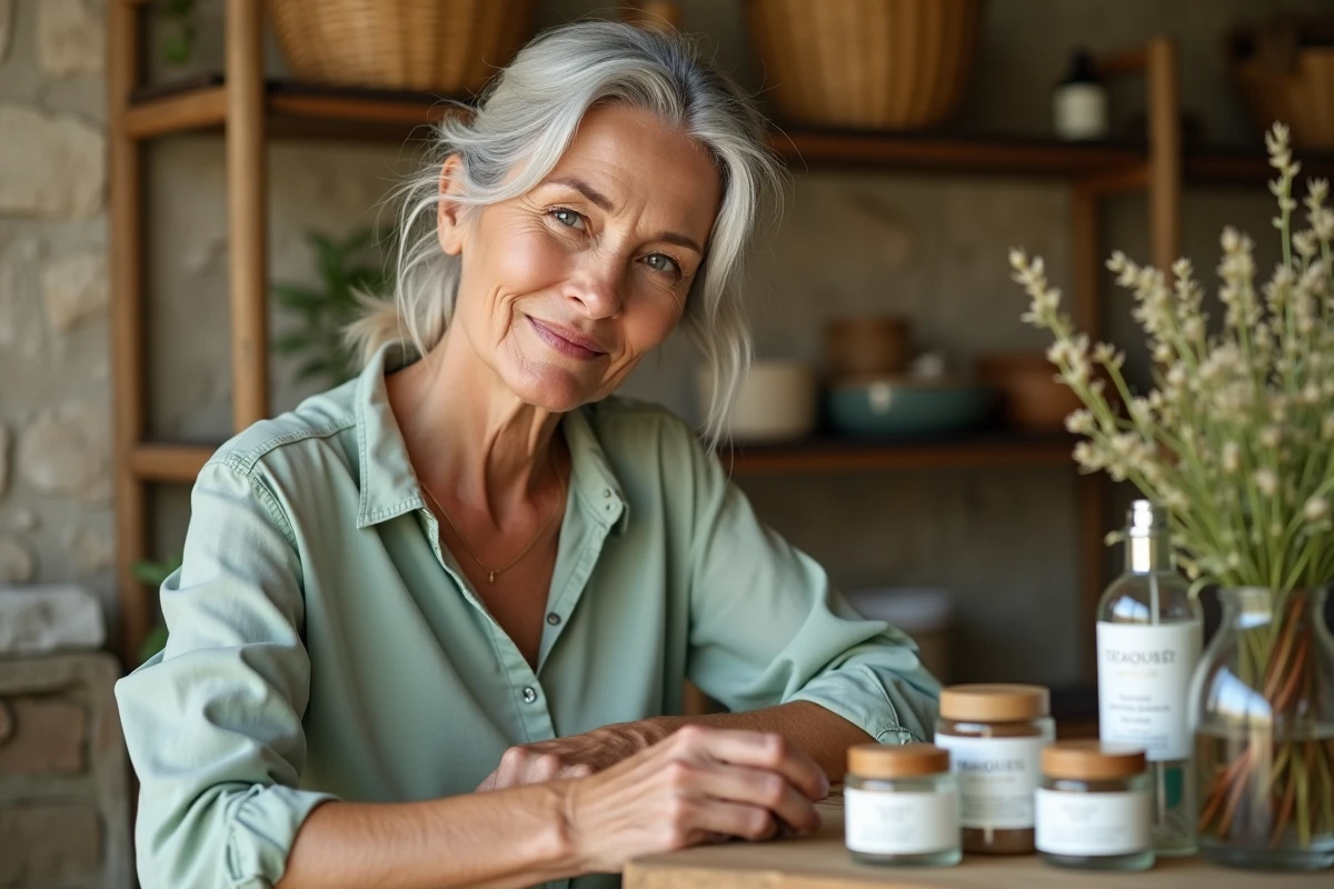 Femme choisissant un soin naturel pour la peau dans une boutique artisanale d'Aubagne