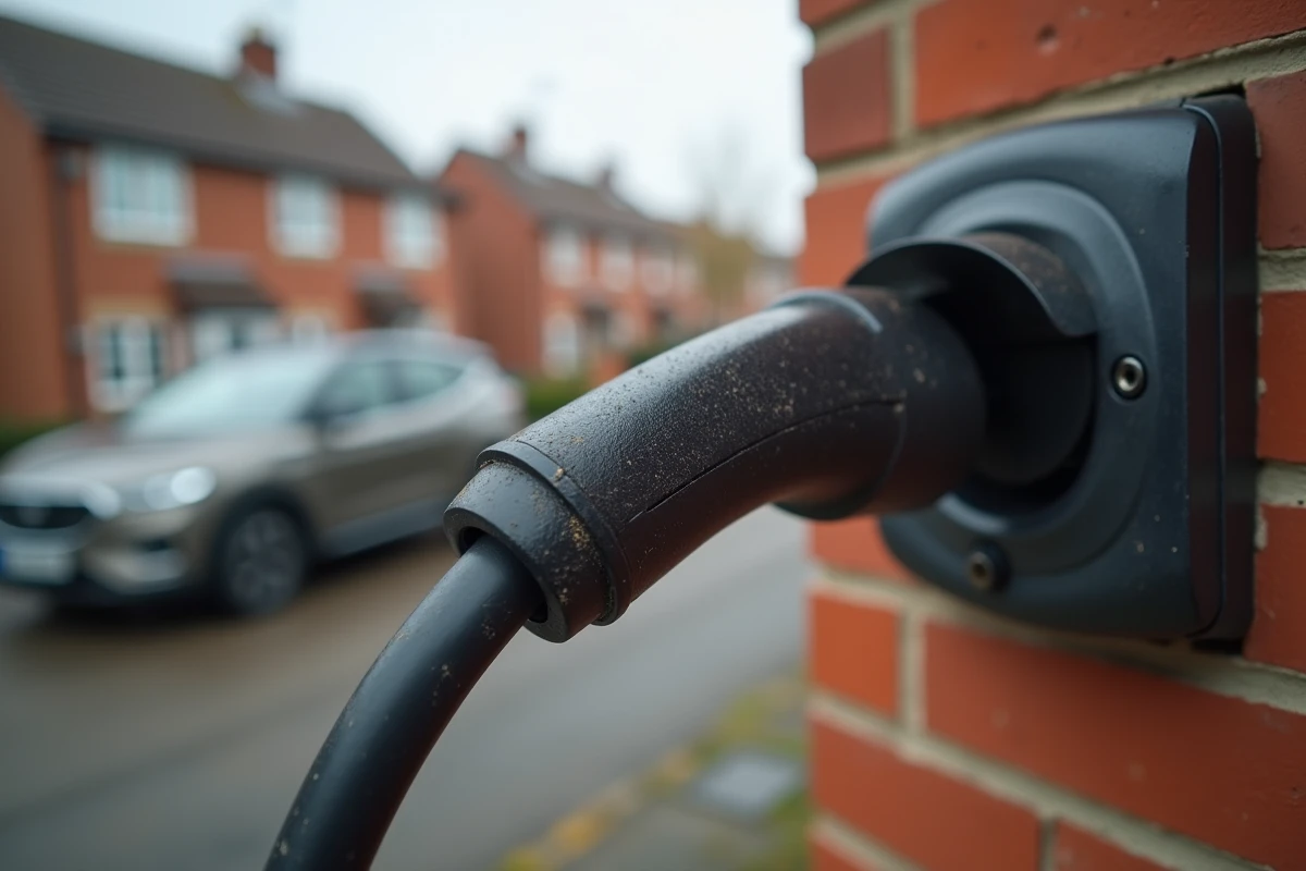Câble de recharge de voiture électrique branché sur une wallbox domestique fixée à un mur de briques, symbole du quotidien du véhicule électrique