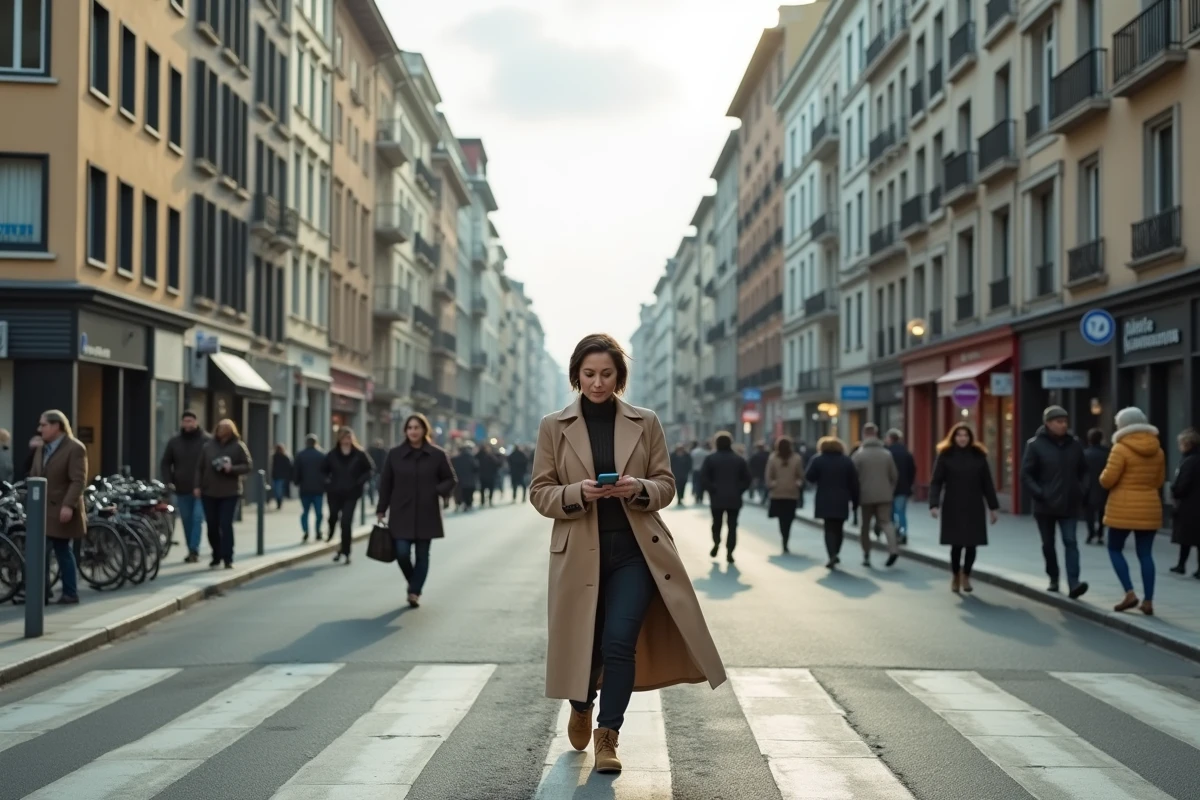 Carrefour urbain animé avec immeubles mixtes, commerces en rez-de-chaussée et piétons traversant dans une grande ville européenne