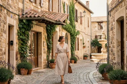 Femme se promenant dans le centre historique d'Aix-en-Provence devant un hôtel boutique en pierre aux volets provençaux
