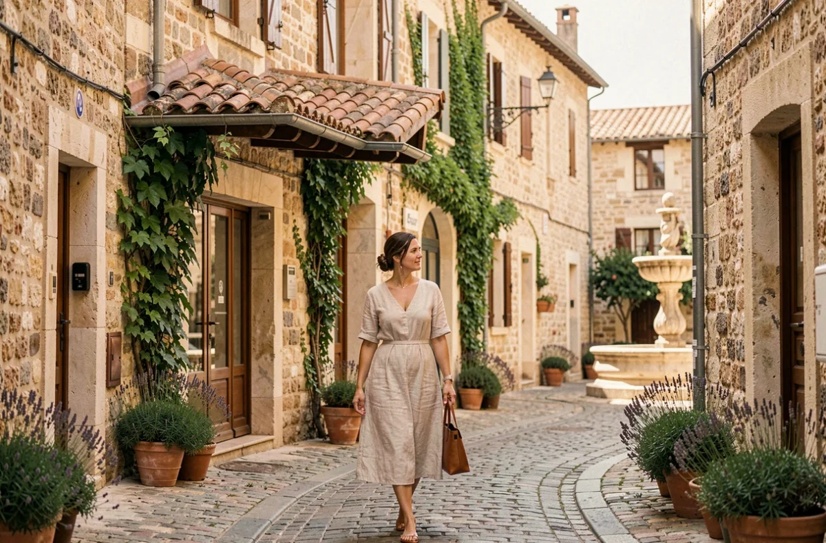 Femme se promenant dans le centre historique d'Aix-en-Provence devant un hôtel boutique en pierre aux volets provençaux