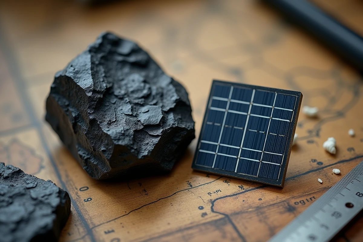 Gros plan sur un morceau de charbon et une cellule solaire posés côte à côte, représentant la comparaison entre énergie fossile non renouvelable et énergie solaire renouvelable