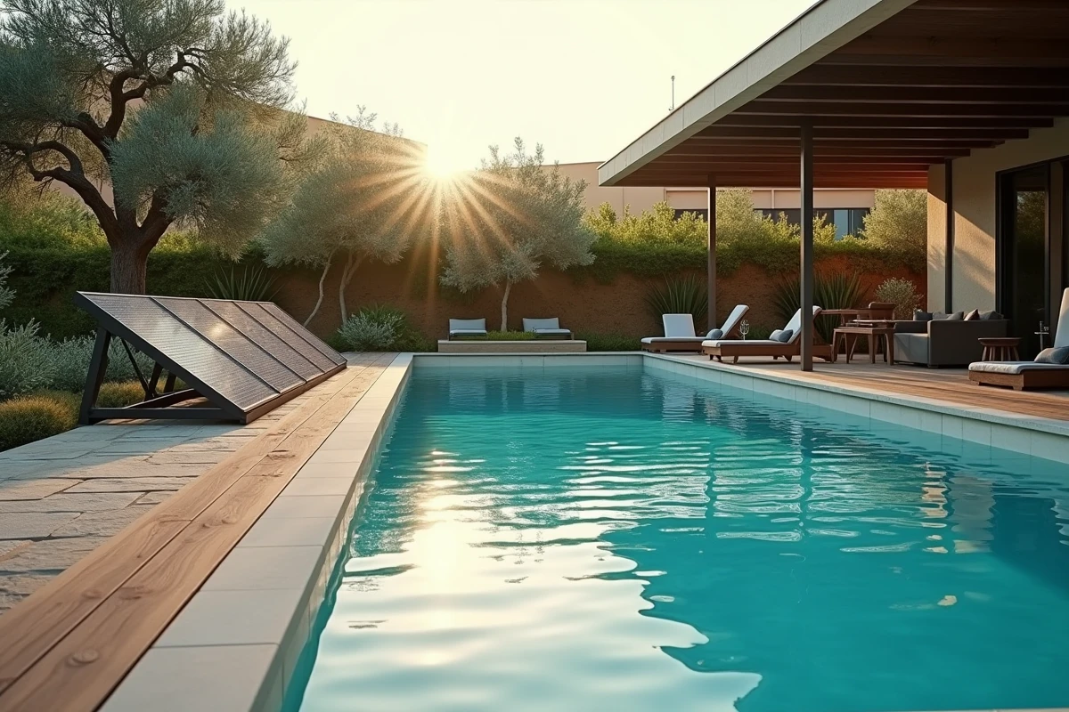 Piscine extérieure avec panneaux solaires thermiques sur terrasse en bois pour un chauffage écologique