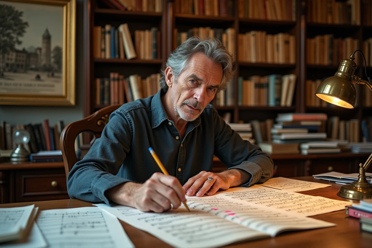 Chef de chœur annotat une partition musicale à son bureau dans une bibliothèque musicale chargée de partitions