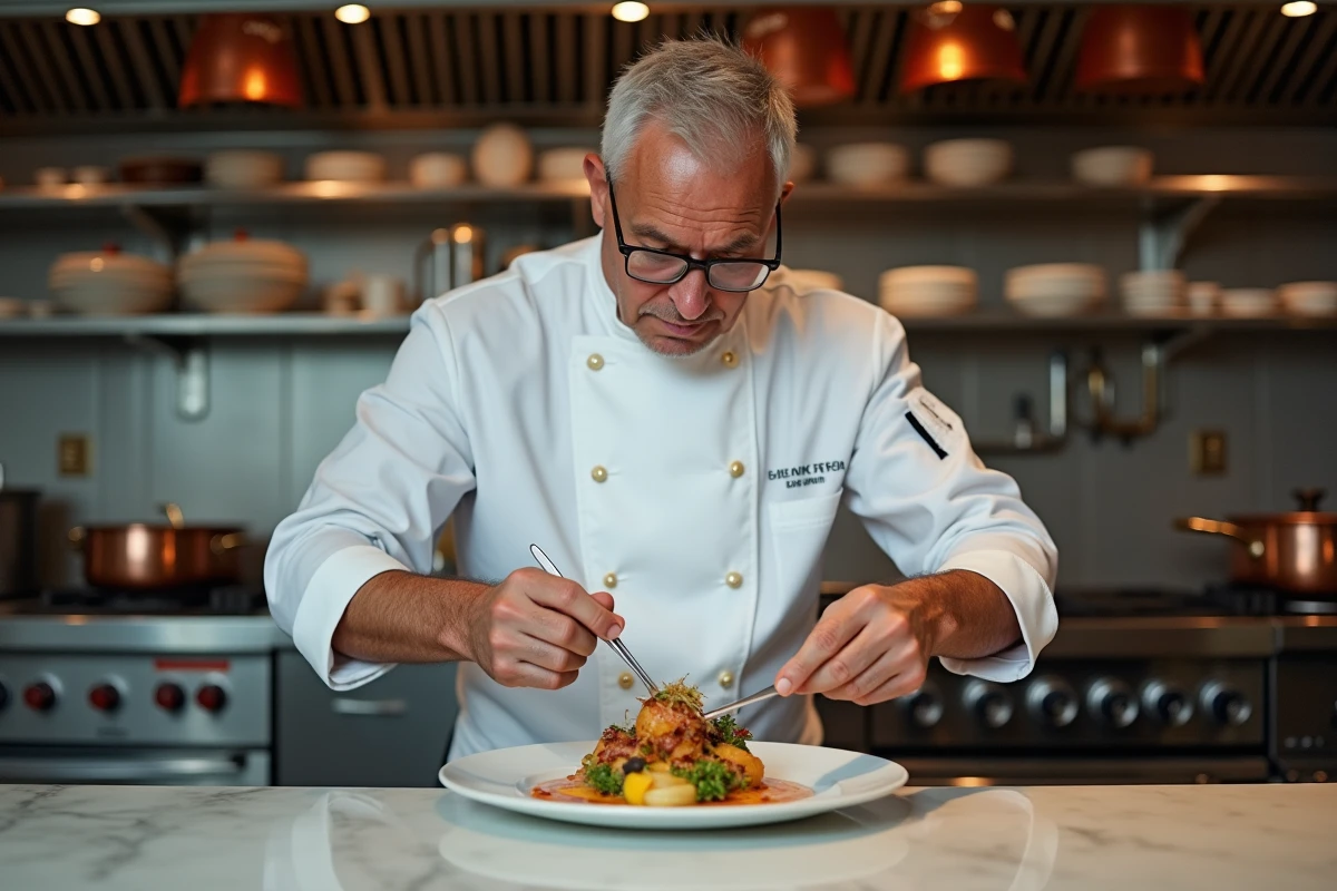 Chef étoilé français concentré en train de dresser une assiette gastronomique dans une cuisine de restaurant de prestige