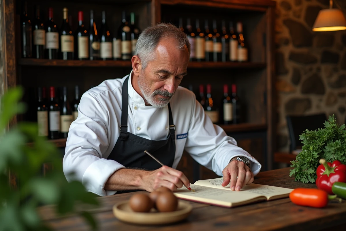 Chef gastronomique français consultant son carnet de recettes manuscrit entouré de produits de terroir de prestige