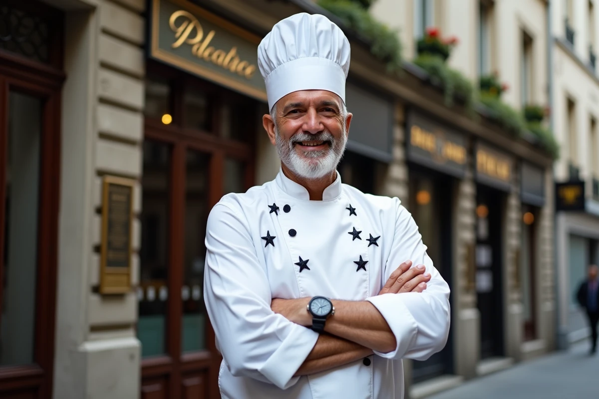 Chef cuisinier français multi-étoilé posant devant la façade de son restaurant gastronomique parisien
