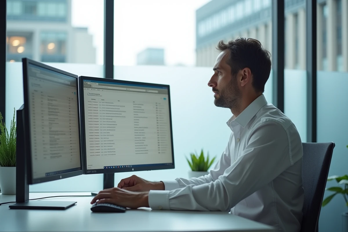 Chercheur masculin travaillant sur deux écrans affichant des interfaces d'archives documentaires