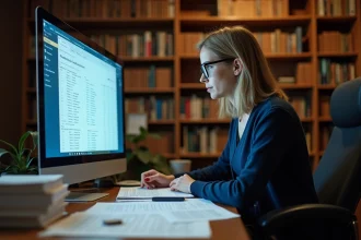 Chercheuse consultant des archives numériques sur un ordinateur dans une bibliothèque universitaire