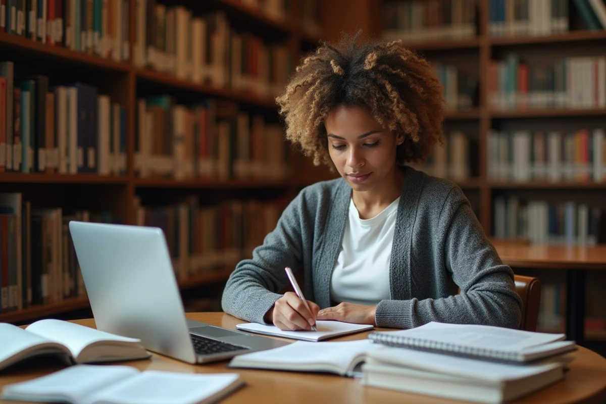 Chercheuse prenant des notes dans une bibliothèque universitaire entourée d'articles académiques sur les approches d'évaluation