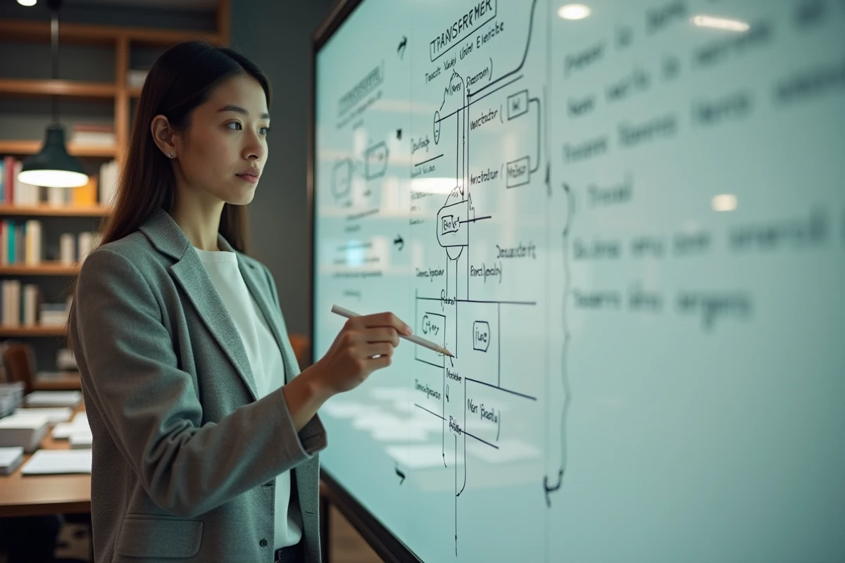 Chercheuse en intelligence artificielle comparant les architectures LLM et LSTM sur un tableau blanc dans un laboratoire universitaire