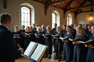 Chorale adulte en répétition tenant des partitions annotées dans une salle aux murs en pierre de style alsacien