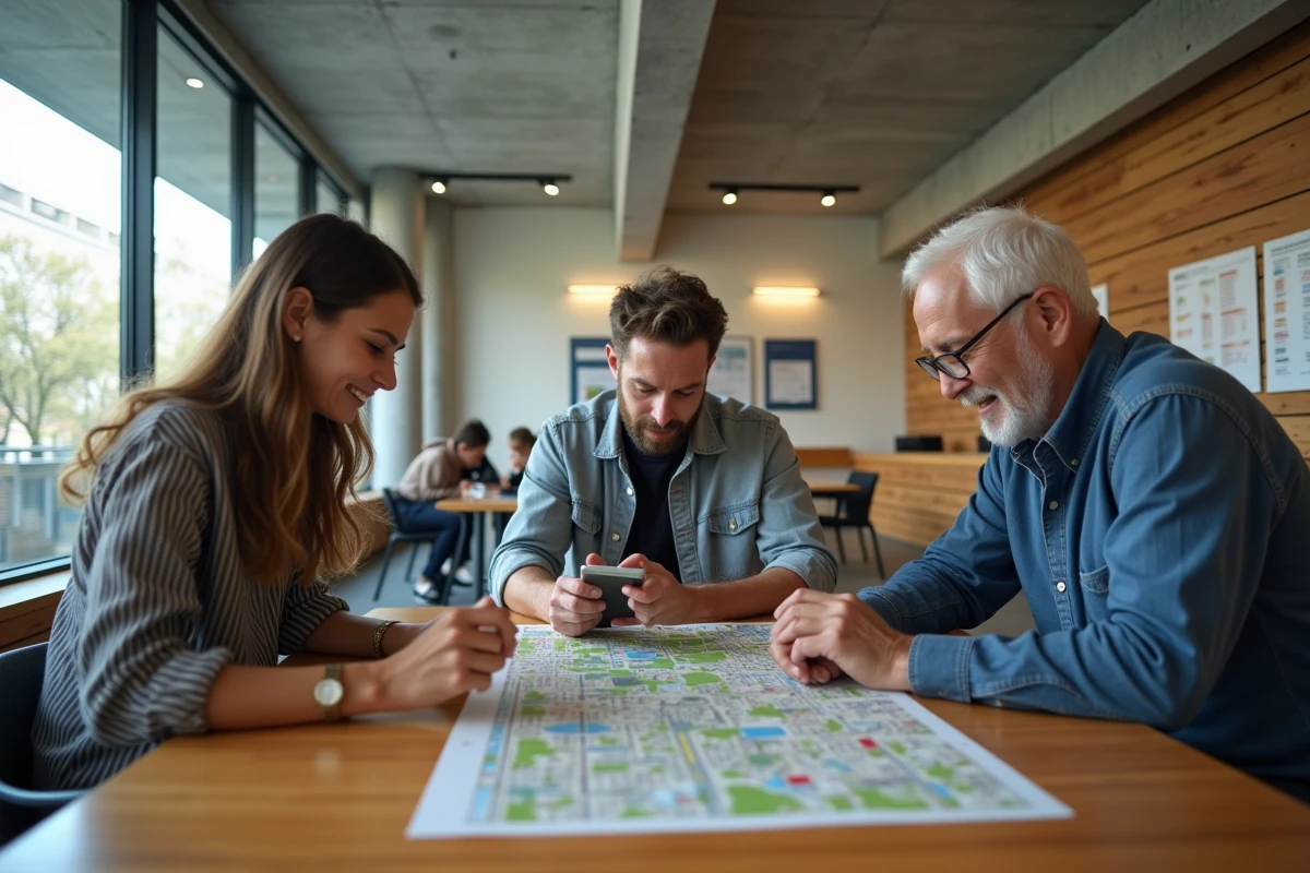 Groupe de citoyens collaborant autour d'une carte numérique urbaine dans un centre communautaire municipal