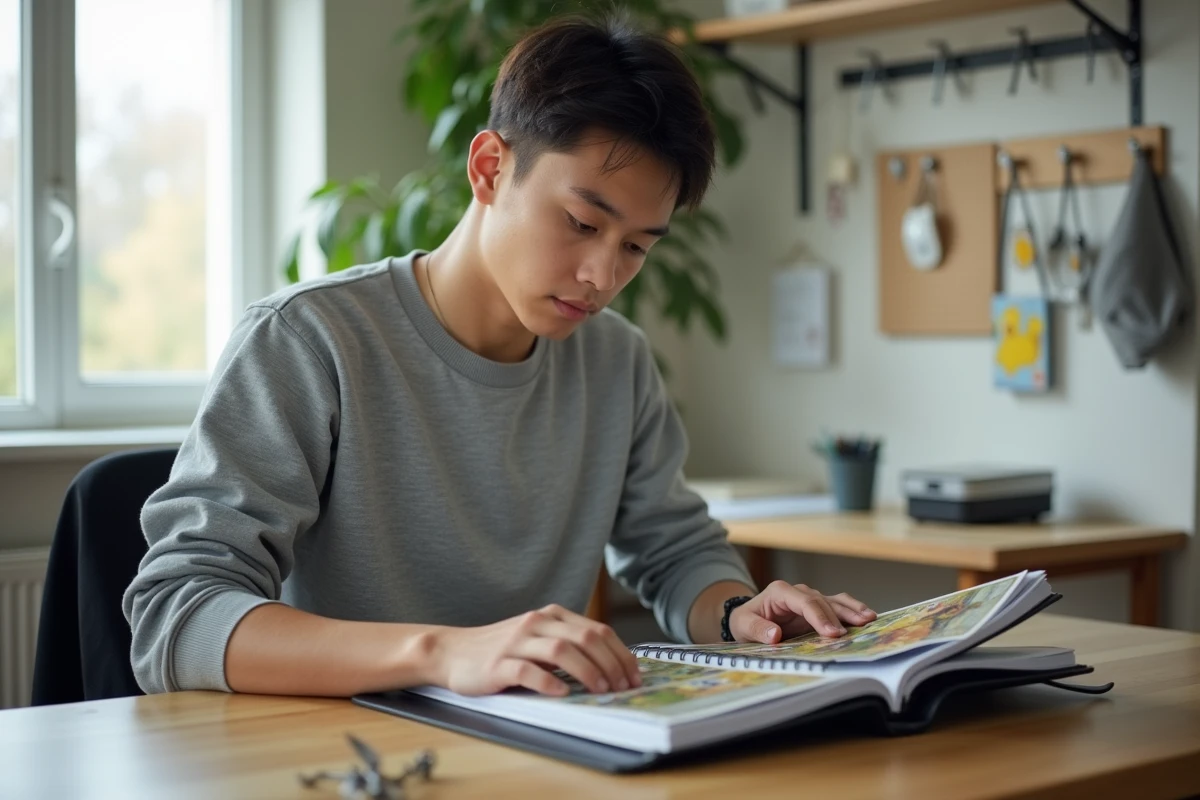 Jeune collectionneur organisant ses cartes Pokémon rares dans un classeur de protection premium sur un bureau de bureau à domicile