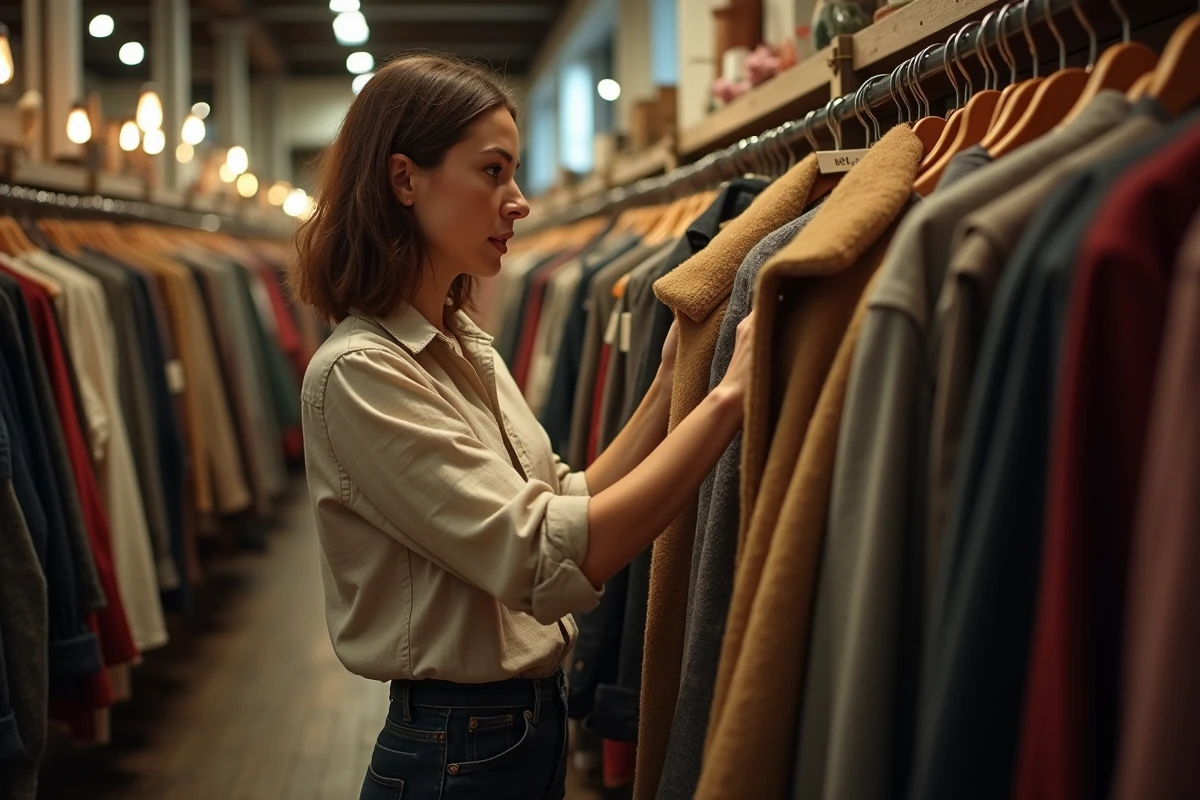 Une femme d'une quarantaine d'années examine un manteau vintage dans une boutique de seconde main, illustrant le profil du consommateur de l'occasion