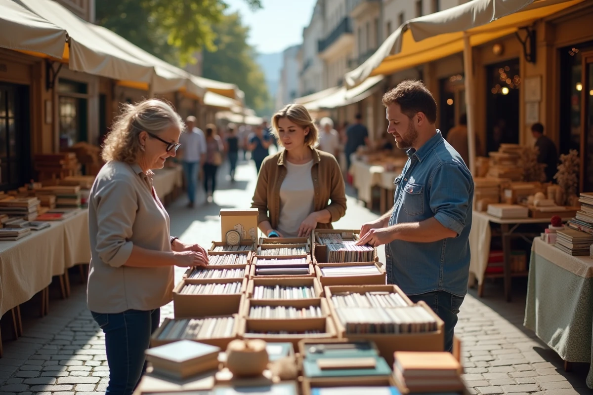Trois personnes de générations différentes chinant ensemble dans un marché aux puces, illustrant la diversité des profils de clients de la seconde main