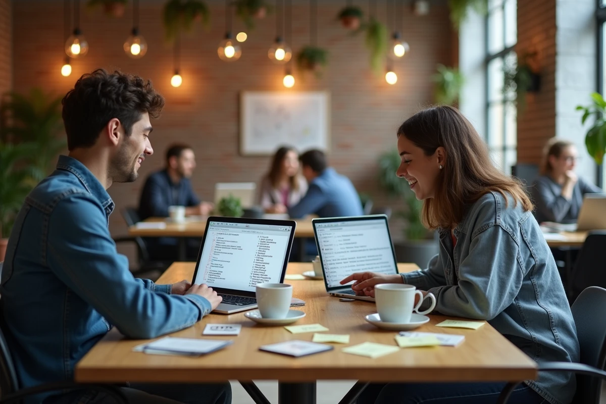 Deux professionnels collaborant sur la traduction automatique de paroles musicales via IA dans un espace de coworking