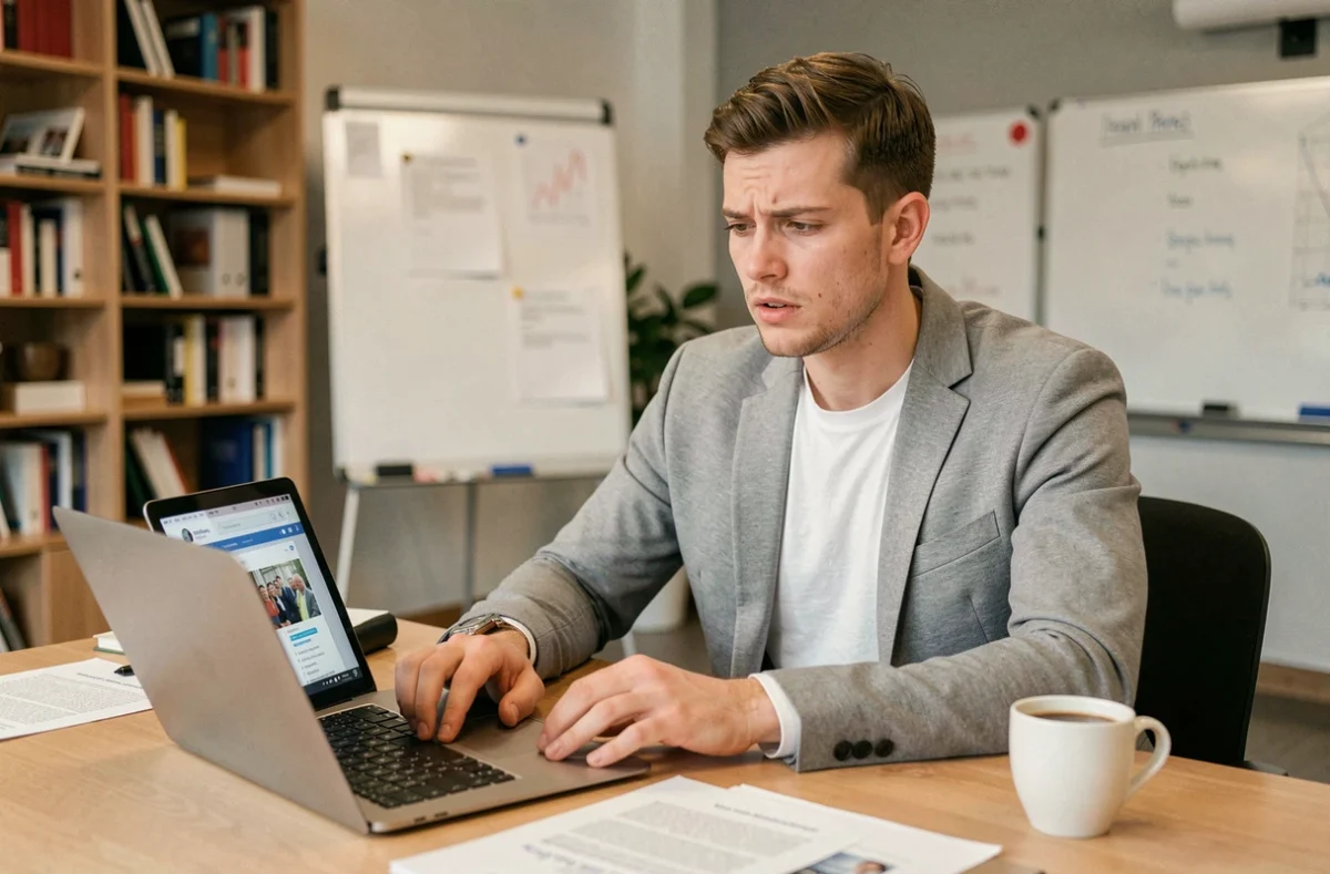 Communicant politique travaillant sur un ordinateur portable dans un bureau moderne, gestion de crise et veille des réseaux sociaux