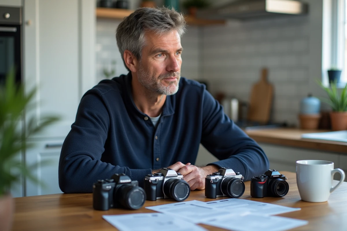 Père comparant différents appareils photo sur une table de cuisine pour choisir le meilleur modèle familial