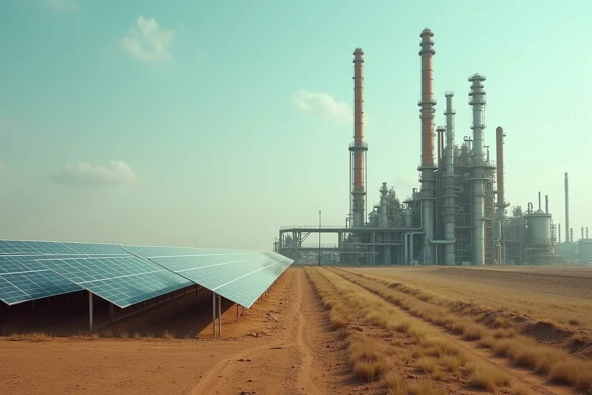 Comparaison entre un parc solaire et une raffinerie pétrolière dans un paysage industriel, illustrant la différence entre énergie renouvelable et non renouvelable