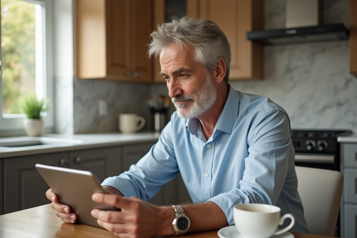 Homme comparant des taux hypothécaires fixes et variables sur une tablette dans une cuisine moderne