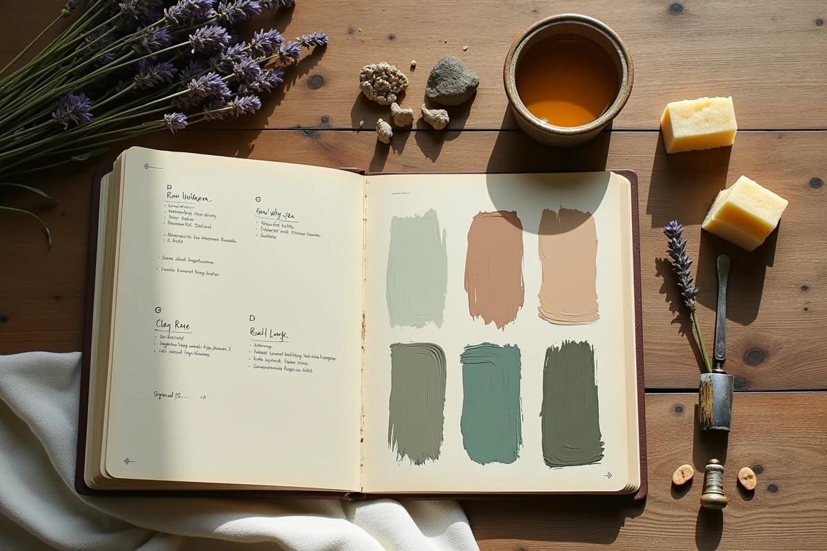 Comparaison de nuanciers de peinture naturelle sur une table en chêne avec pigments et notes manuscrites