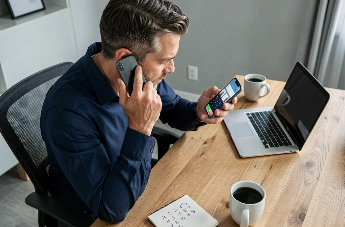 Homme composant un numéro international sur son téléphone portable pour appeler la Belgique depuis la France