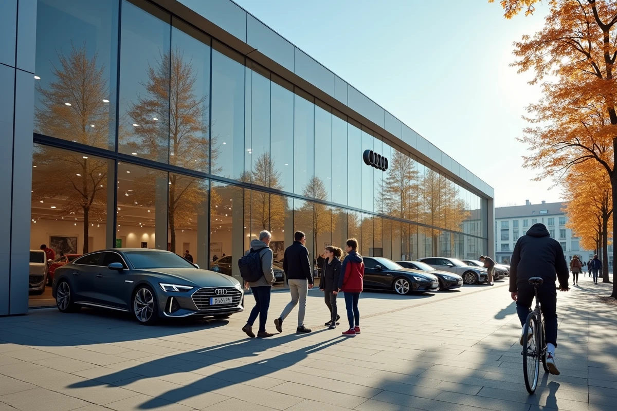 Concession Audi à Munich avec des clients qui découvrent les modèles exposés en vitrine