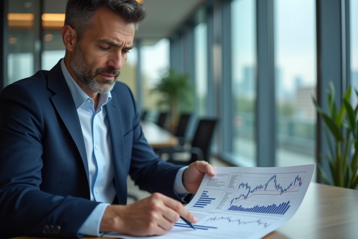 Conseiller financier analysant des graphiques en baisse de SCPI dans un bureau professionnel
