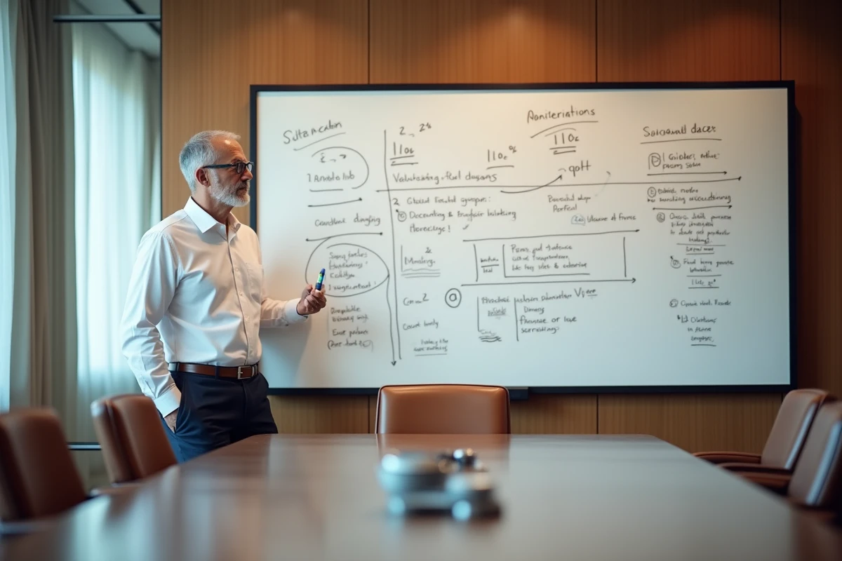 Conseiller en investissement senior présentant une stratégie de diversification de portefeuille dans une salle de réunion