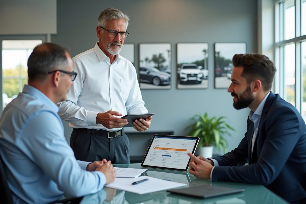 Conseiller commercial présentant une offre de financement automobile sur tablette à un client en bureau privé