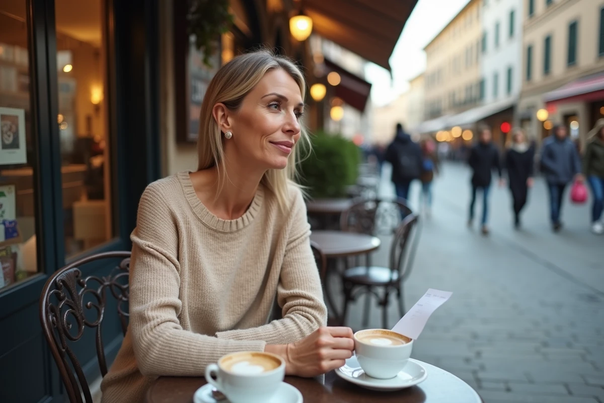 Femme consultant son reçu de café en terrasse face à la hausse des prix du café