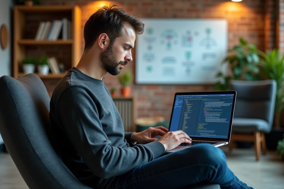 Consultant IT jeune configurant SAP S/4HANA sur un ordinateur portable dans un espace de travail moderne