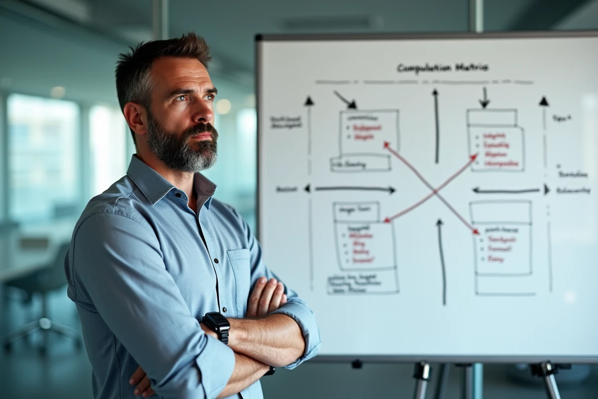 Consultant debout devant un tableau blanc avec des matrices comparatives de méthodes d'évaluation dans une salle de réunion moderne