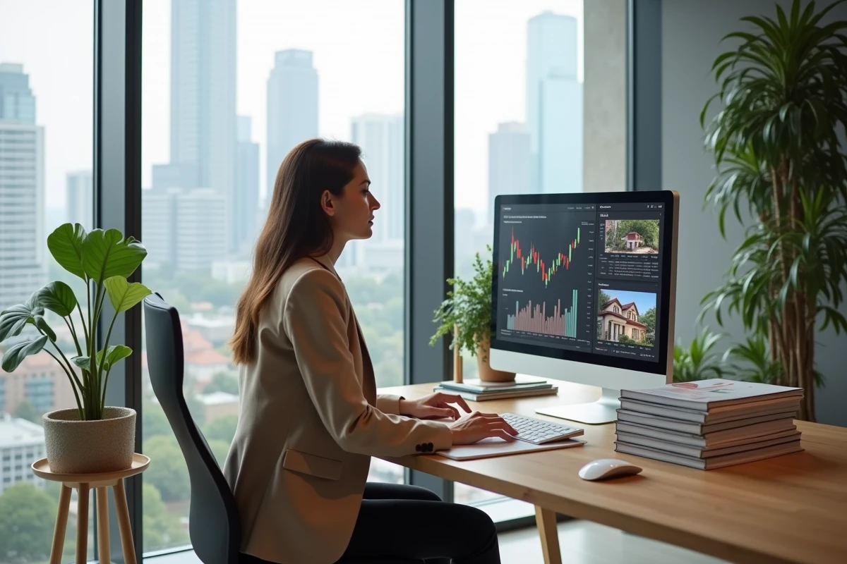 Consultante immobilière analysant des graphiques de tendances du marché immobilier 2026 dans un bureau moderne avec vue sur la ville