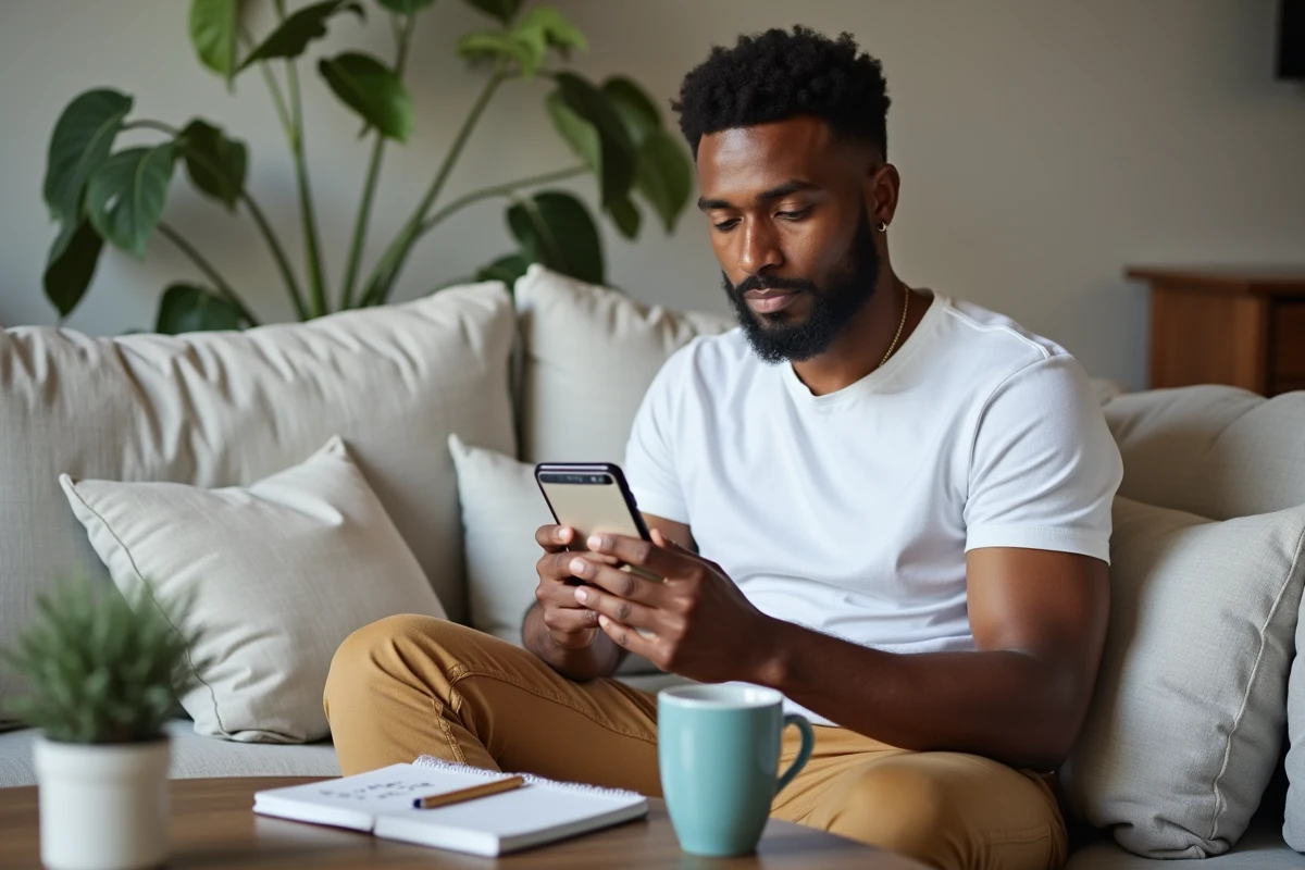 Jeune personne consultant son application bancaire sur smartphone pour vérifier la moyenne de son solde de compte