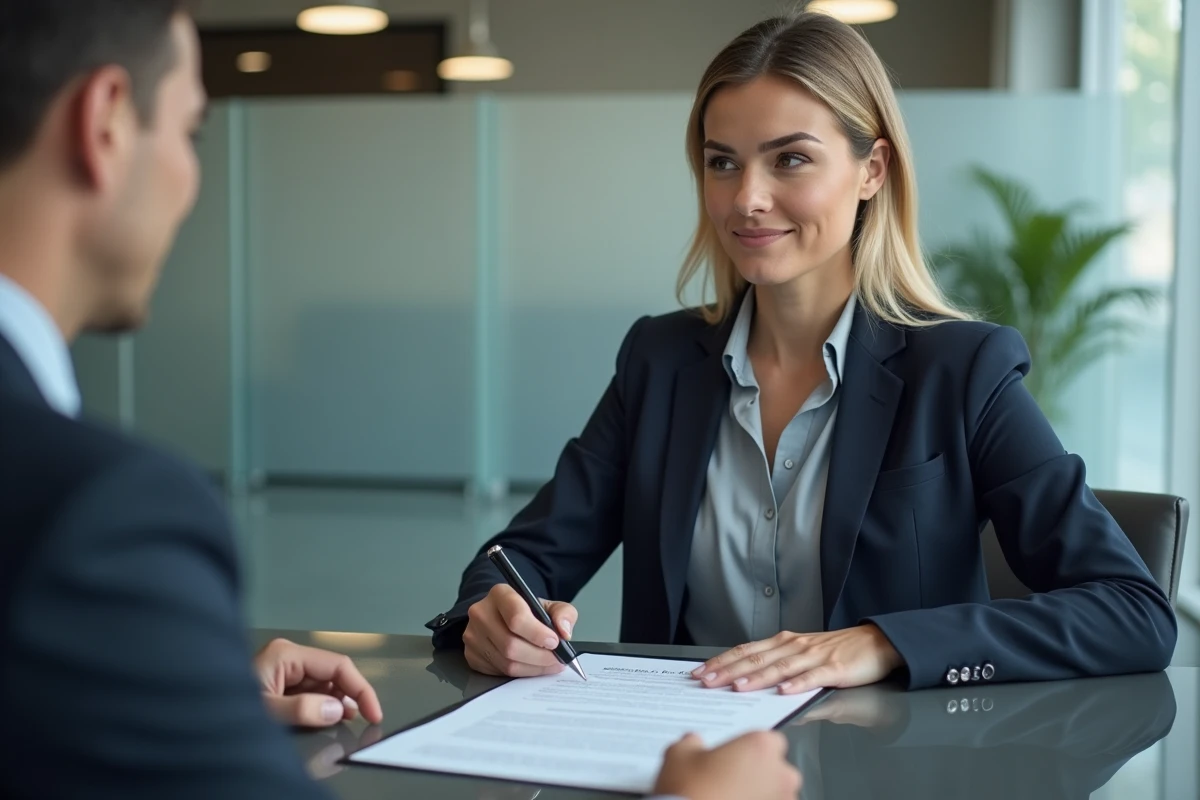 Femme consultant un conseiller financier pour identifier le payeur des frais de partage dans un bureau professionnel