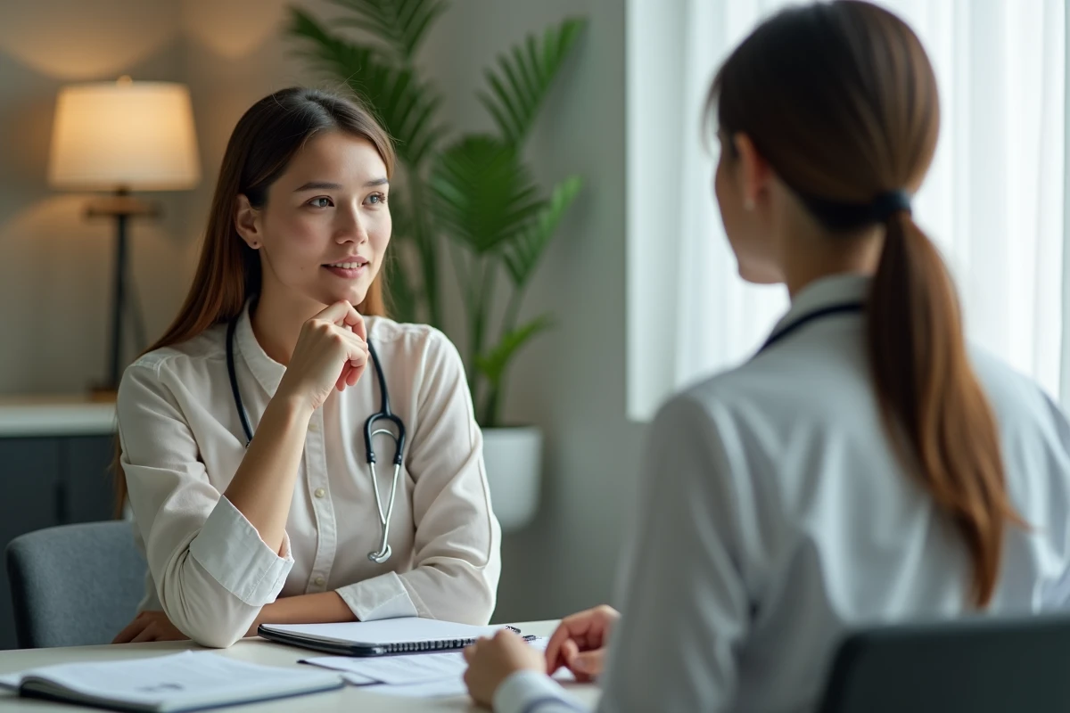 Femme consultant un médecin pour parler de santé sexuelle dans un cabinet médical moderne