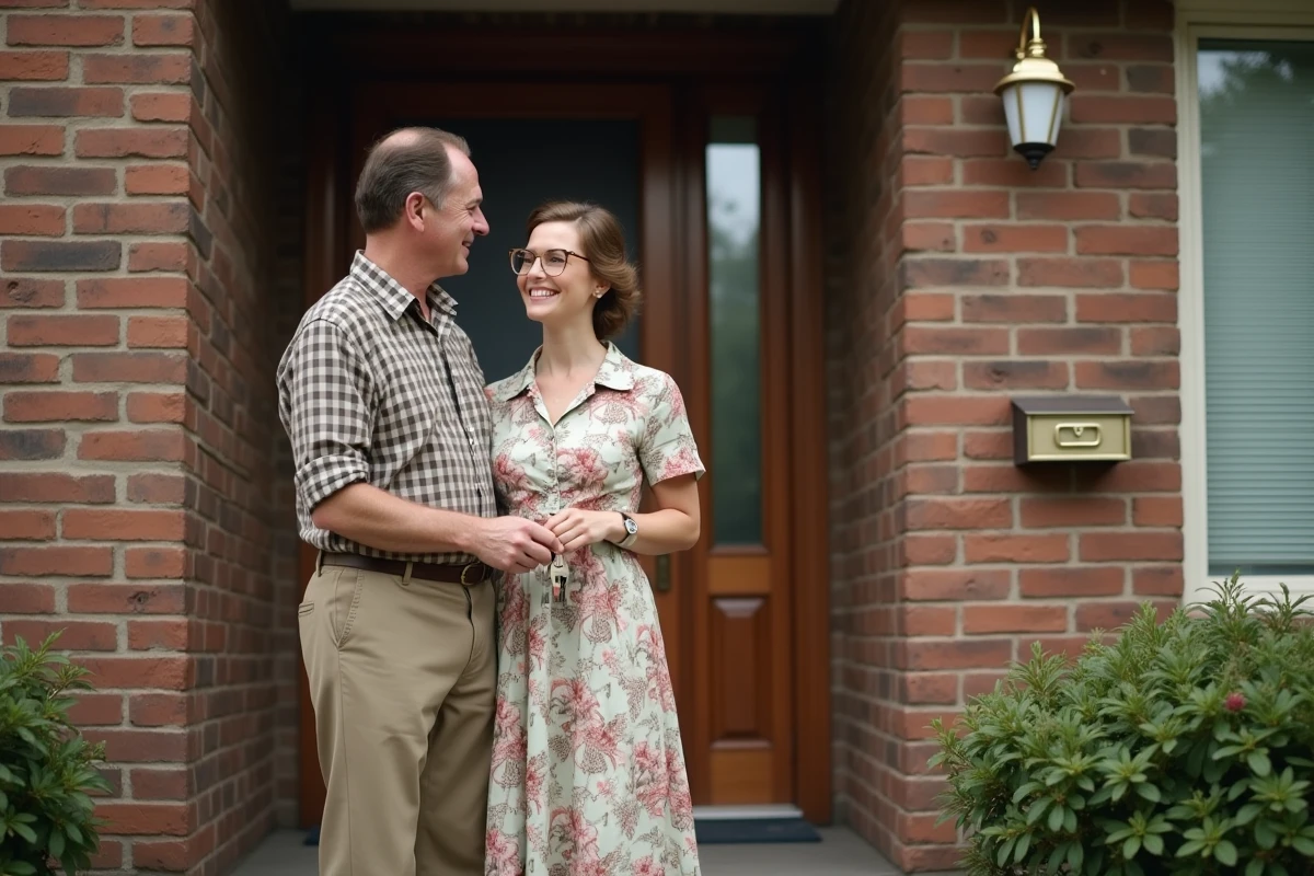Couple canadien des années 1970 devant leur nouvelle maison tenant les clés lors de l'achat immobilier