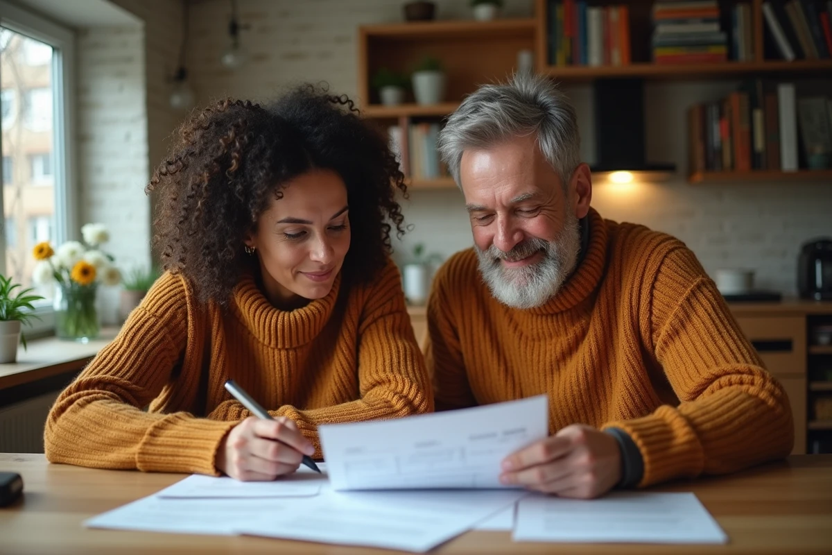Couple dans la quarantaine étudiant des documents administratifs liés à une procédure d'adoption à leur table de cuisine