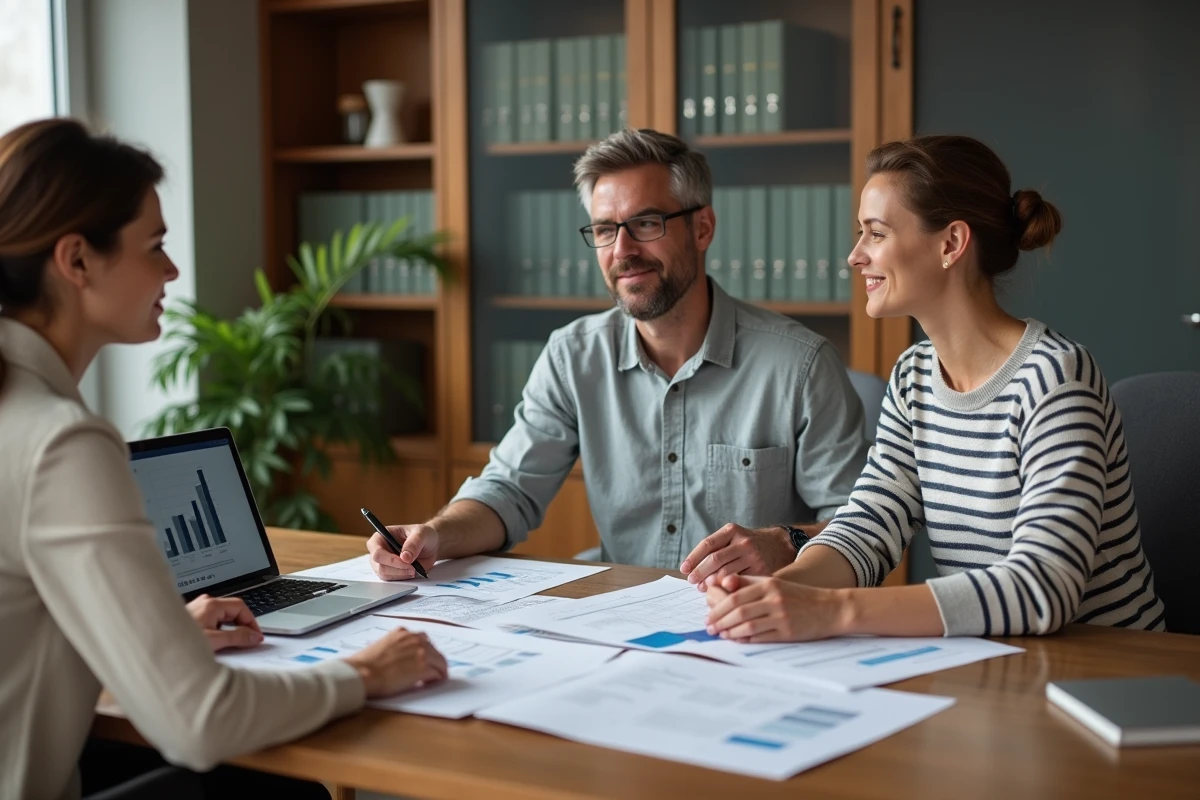 Couple consultant un conseiller immobilier autour de documents de propriété pour comprendre les règles fiscales liées à deux résidences principales