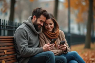 Couple assis sur un banc en automne, l'homme regardant l'heure 01h10 sur son téléphone, symbolisant les signes de l'univers en amour