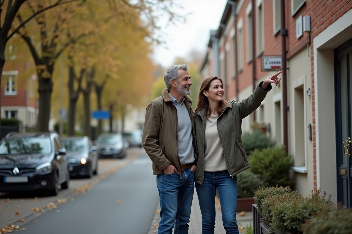 Couple devant une maison à vendre dans une rue résidentielle française, illustrant les opportunités d'achat immobilier en 2026