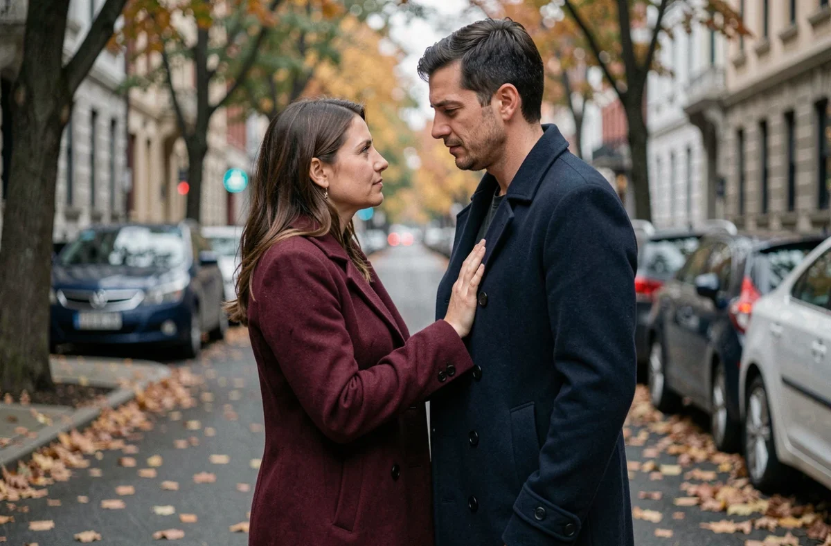 Couple face à face dans une rue en automne, expression ambiguë après un mot maladroit entre partenaires amoureux